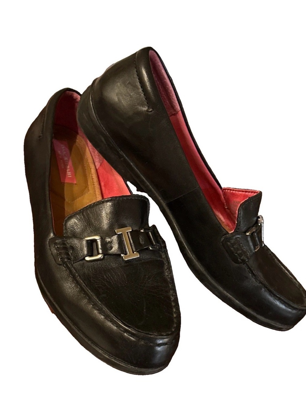 Isaac Mizrahi New York "Cady" Bit Loafers Black Smooth Leather Pink Satin SZ 7.5